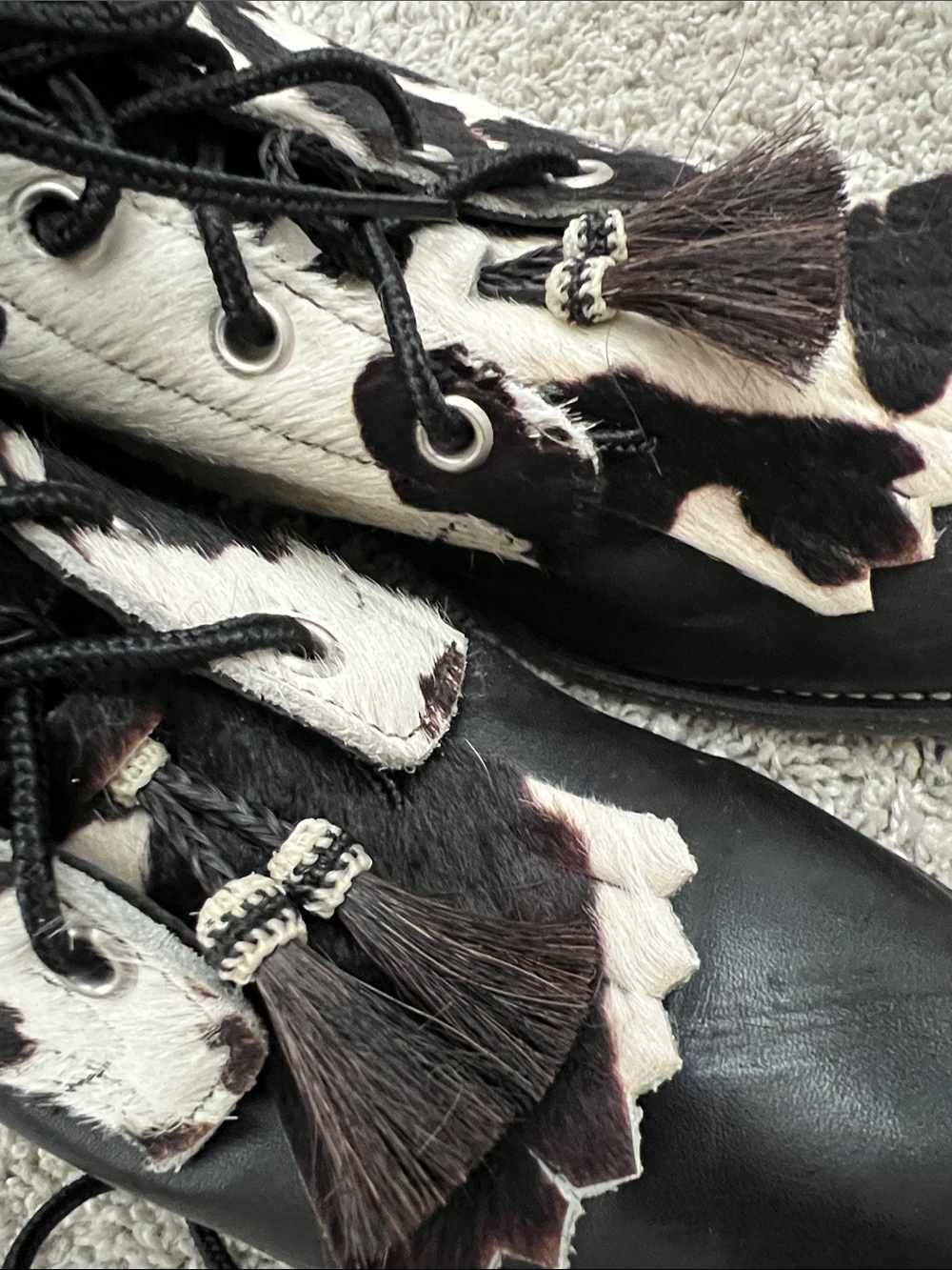 Larry Mahan Black and White Cowhide Lace-Up Tassel Boots| EXQUISITE‼ - Picture 5 of 12